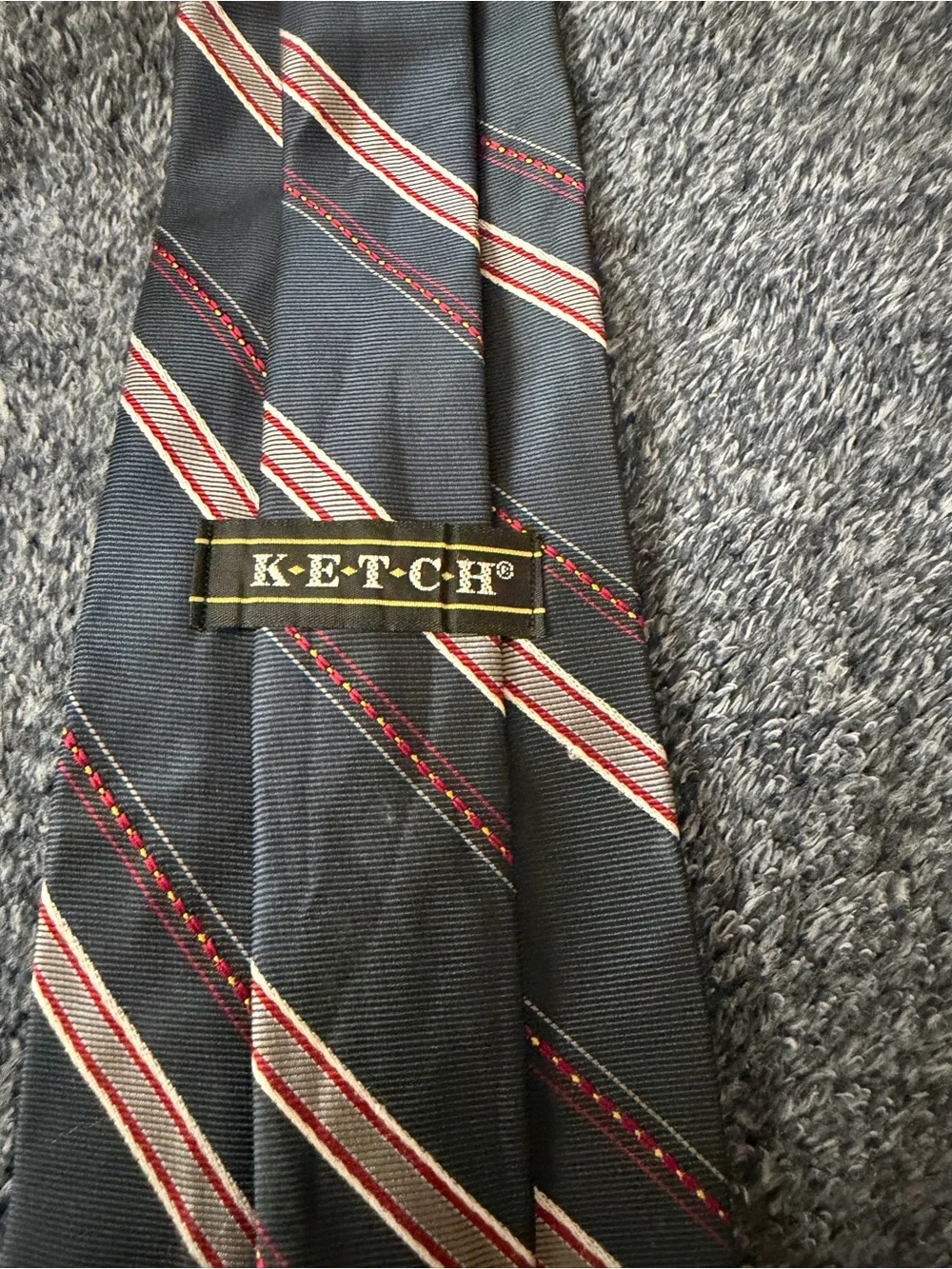 Ketch Classic Navy Blue Men's Stripe Tie with Red and White Accents
